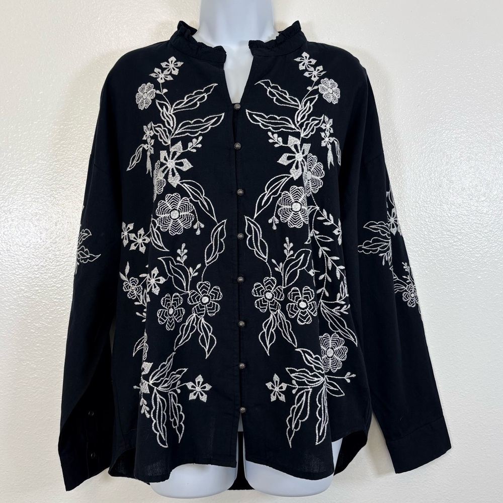 NWT Calypso St. Barth Black Linen Embroidered Button Front Blouse Size L